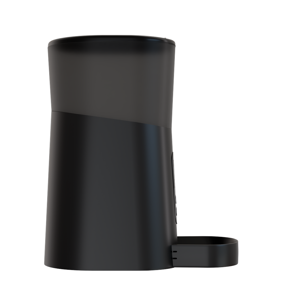 Side and back views of the automatic cat feeder showing the food dispenser and design.