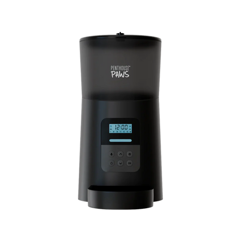 Front view of the Penthouse Paws Automatic Cat Feeder with its LCD screen.