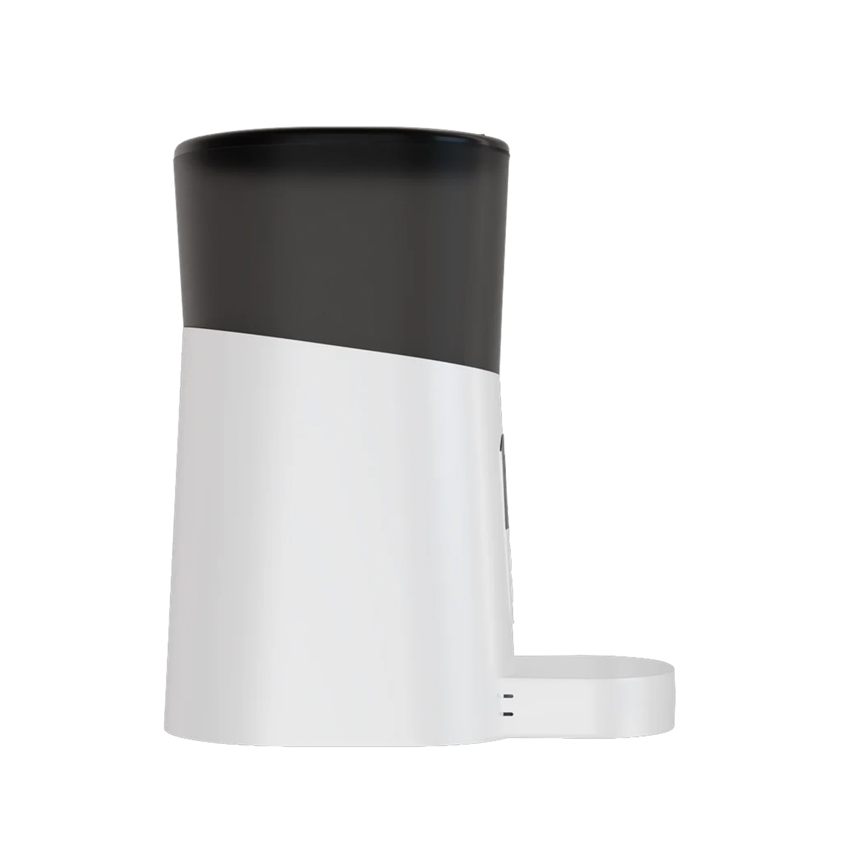 Side and back views of the white automatic cat feeder showing the food dispenser and design.