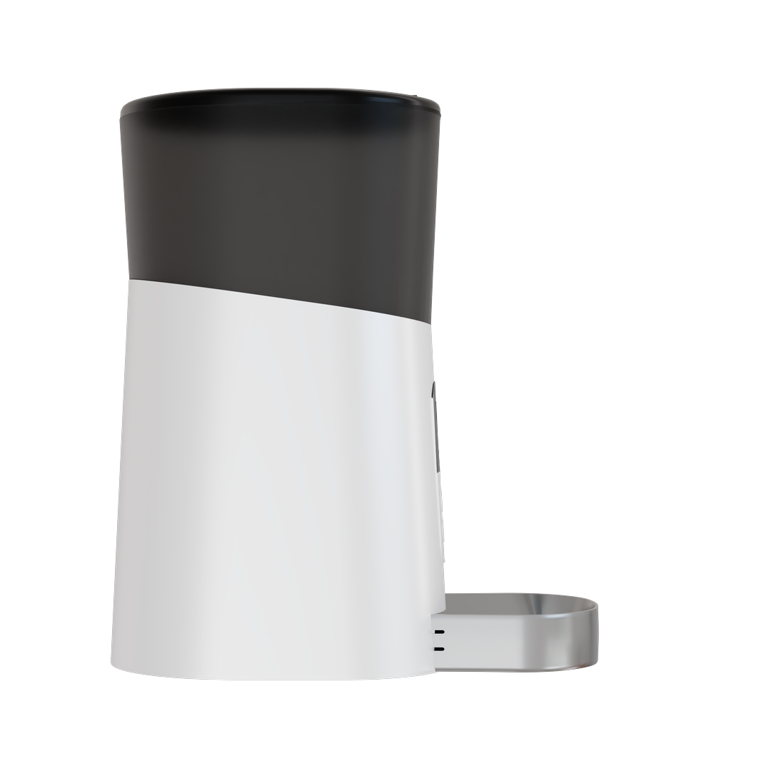 Side and back views of the automatic cat feeder showing the food dispenser and design.