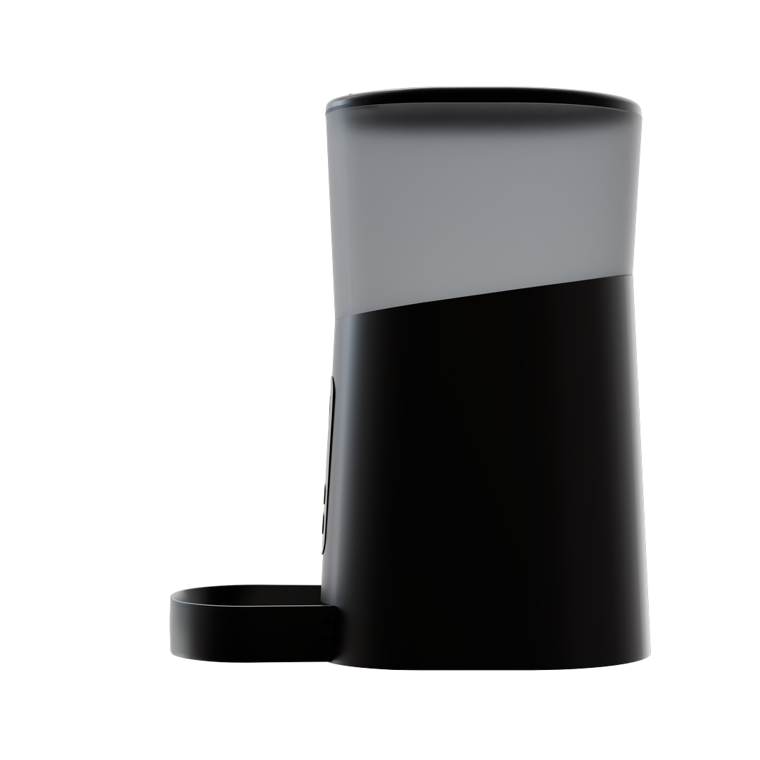 Side views of the automatic cat feeder showing the food dispenser and design.