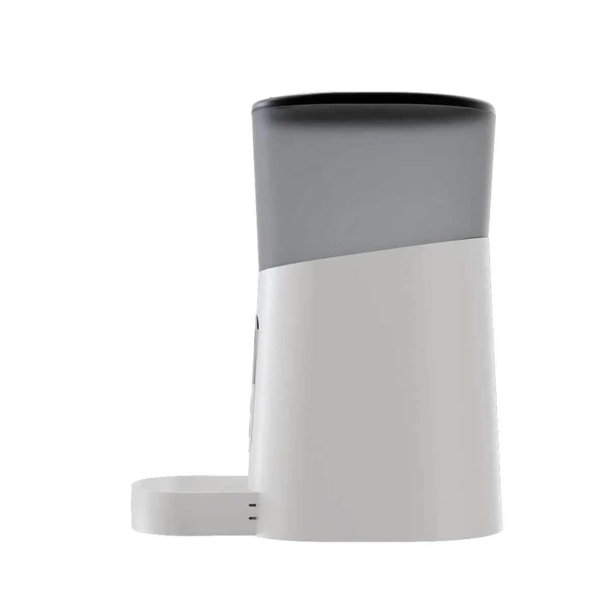 Side and back views of the white automatic cat feeder showing the food dispenser and design.