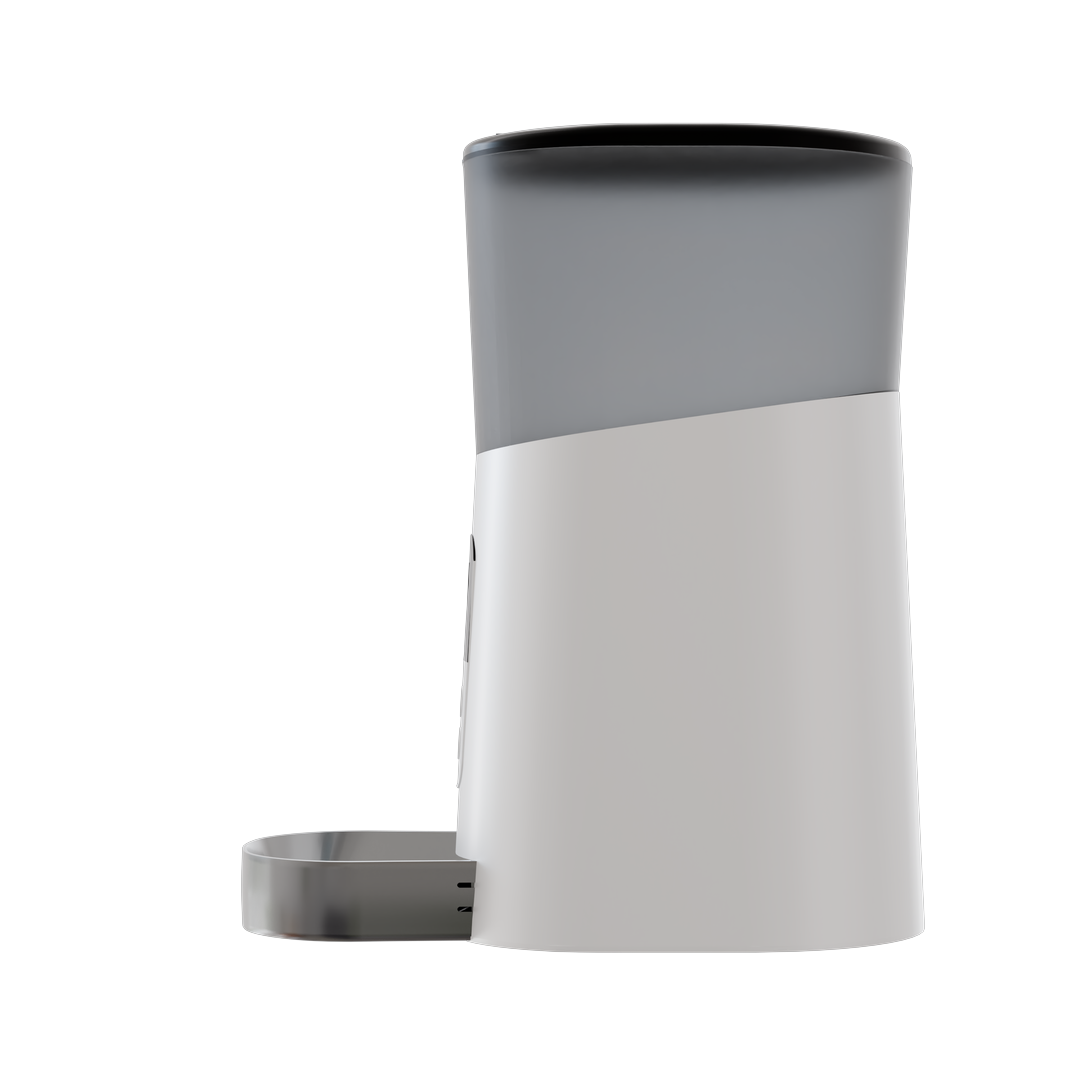 Side and back views of the automatic cat feeder showing the food dispenser and design.