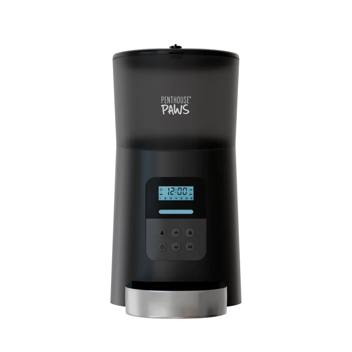 Front view of the Penthouse Paws Automatic Cat Feeder with its LCD screen.