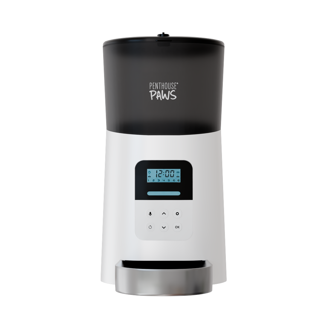 Front view of the white Penthouse Paws Automatic Cat Feeder with its LCD screen.