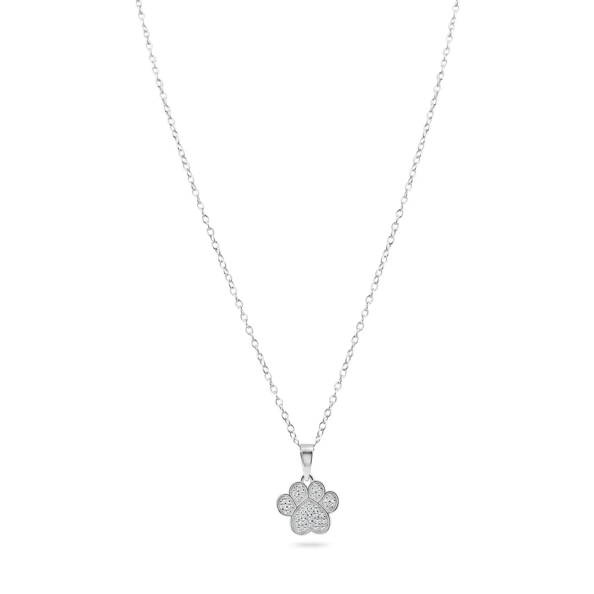 Sterling silver paw print necklace featuring a sparkling pendant covered in clear stones.