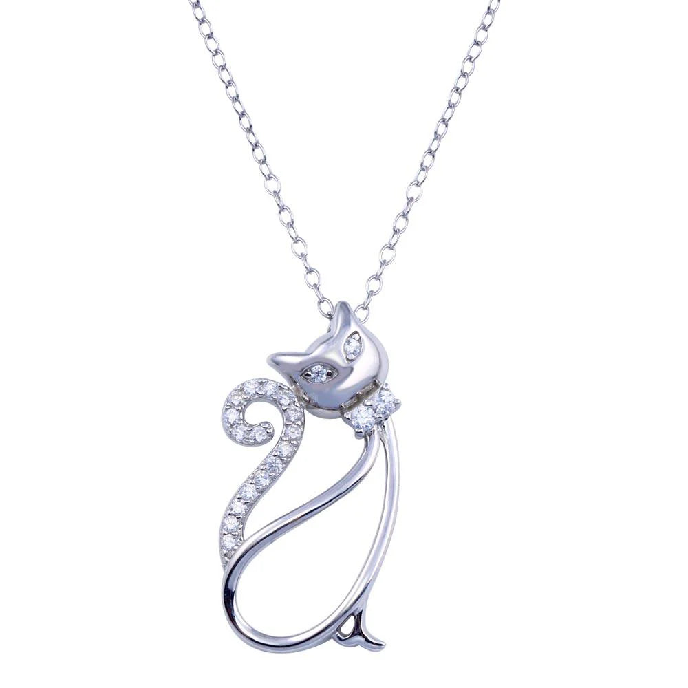 Elegant sterling silver cat necklace featuring a fancy cat pendant with sparkling clear cubic zirconia stones on its tail and collar.