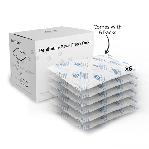 A box and a stack of six food-safe Moisture Remover Fresh Packs for pet food.