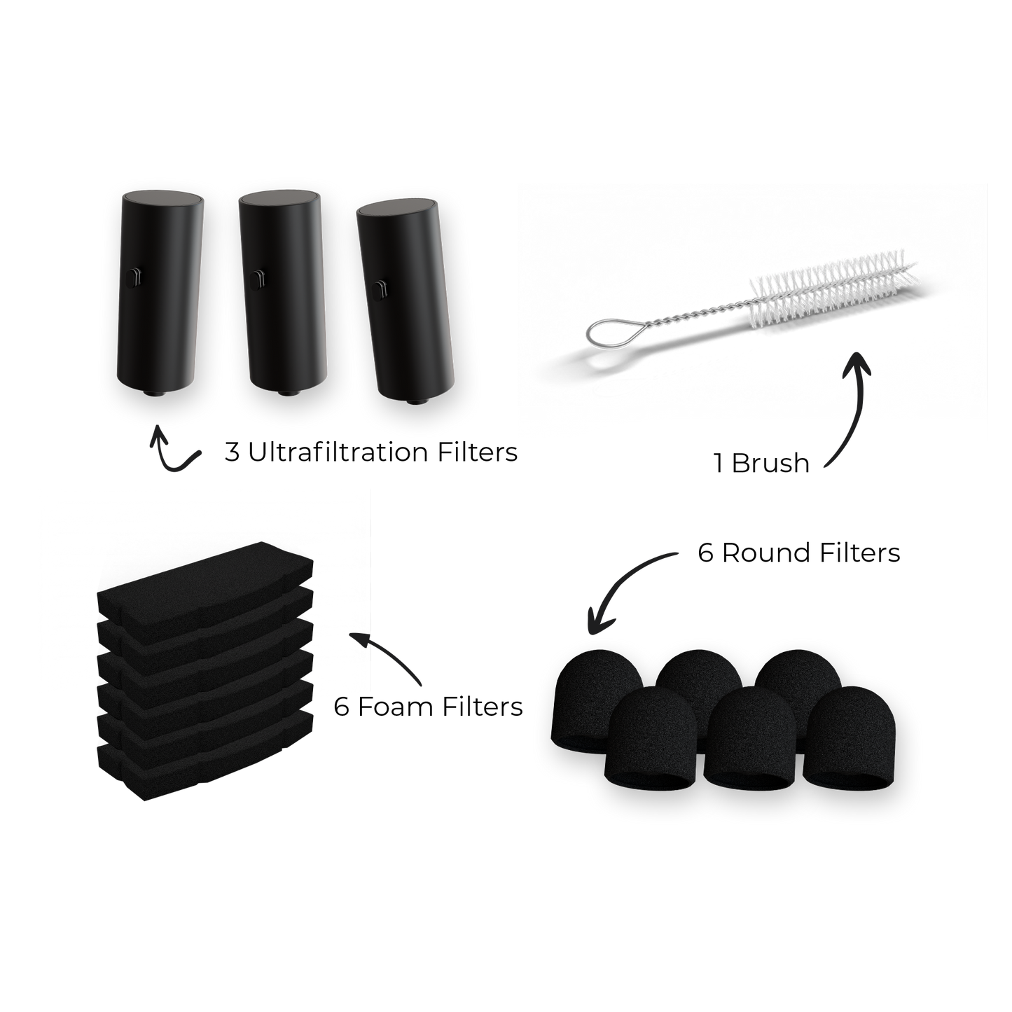 A complete water fountain filter replacement kit with multiple filter types and a removal tool.