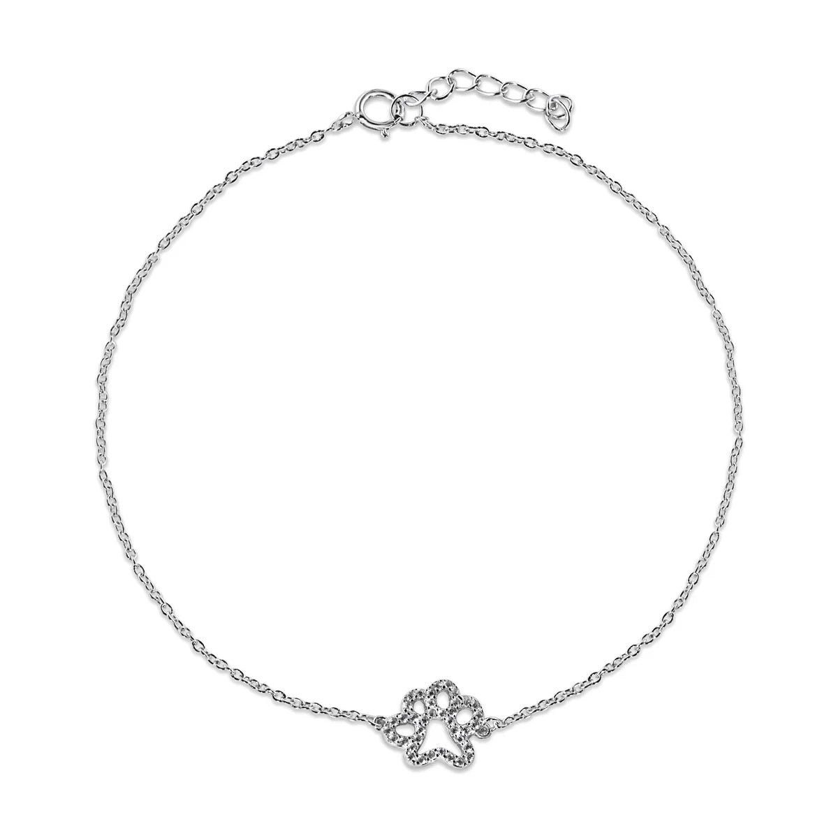Sterling silver paw print ankle bracelet with a sparkling cubic zirconia paw charm.