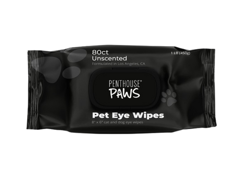 An 80-count, unscented pack of Penthouse Paws Pet Eye Wipes.