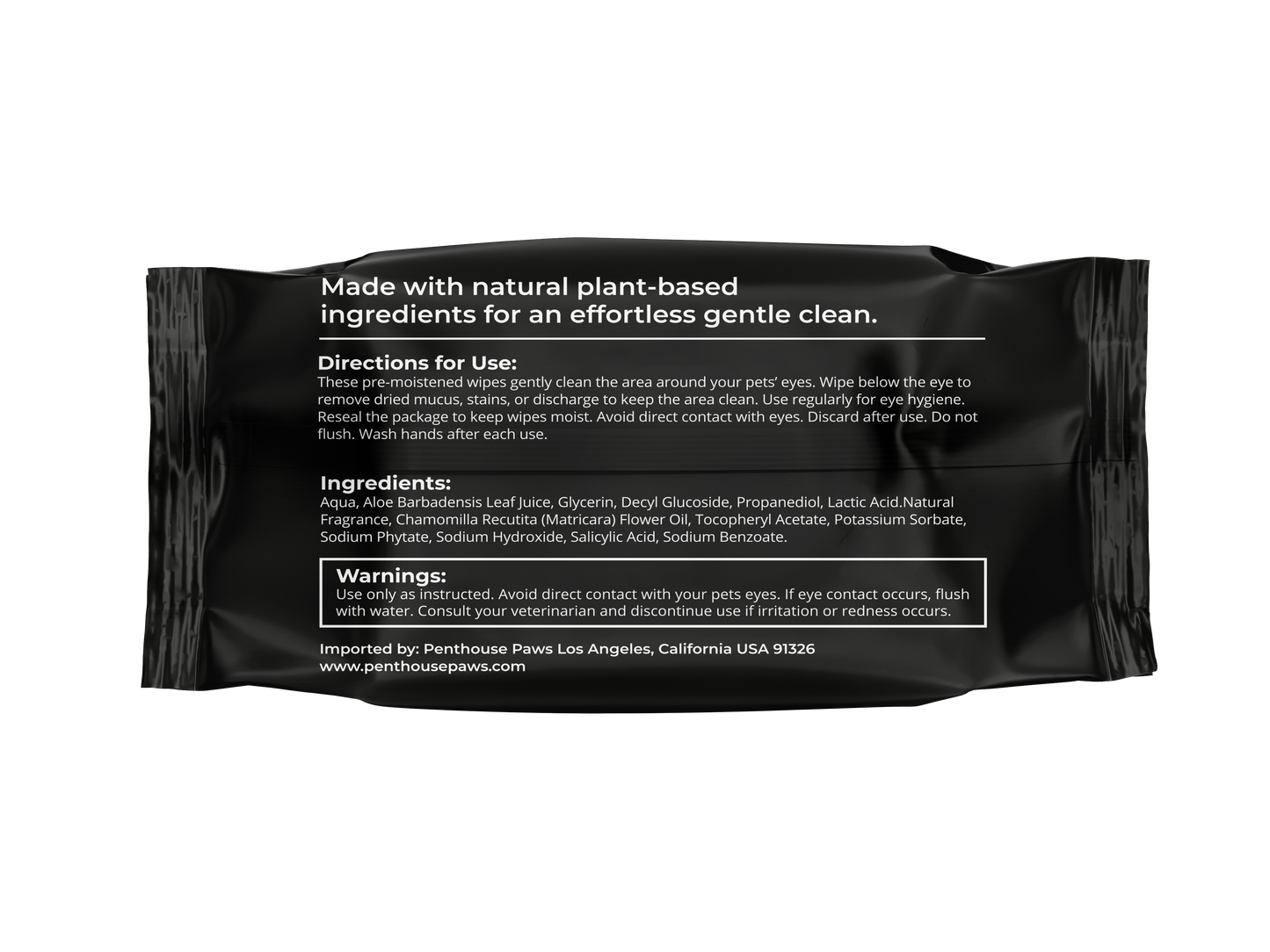 The back of the Pet Eye Wipes packaging, showing directions and ingredients.
