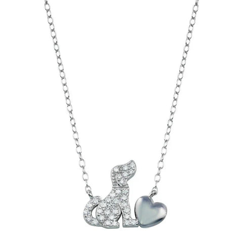 Sterling silver dog and heart necklace featuring a sparkling, dog-shaped pendant sitting next to a polished heart charm.