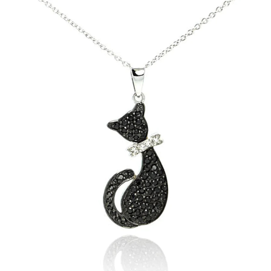 A sterling silver black cat necklace with a pendant covered in black stones and a sparkling clear stone collar.