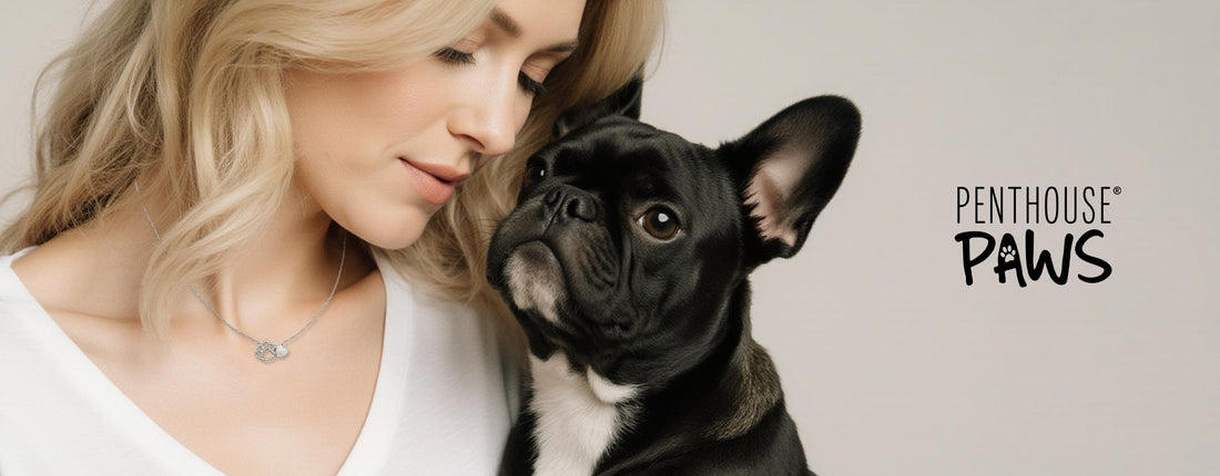 a woman staring down at her small, black dog.