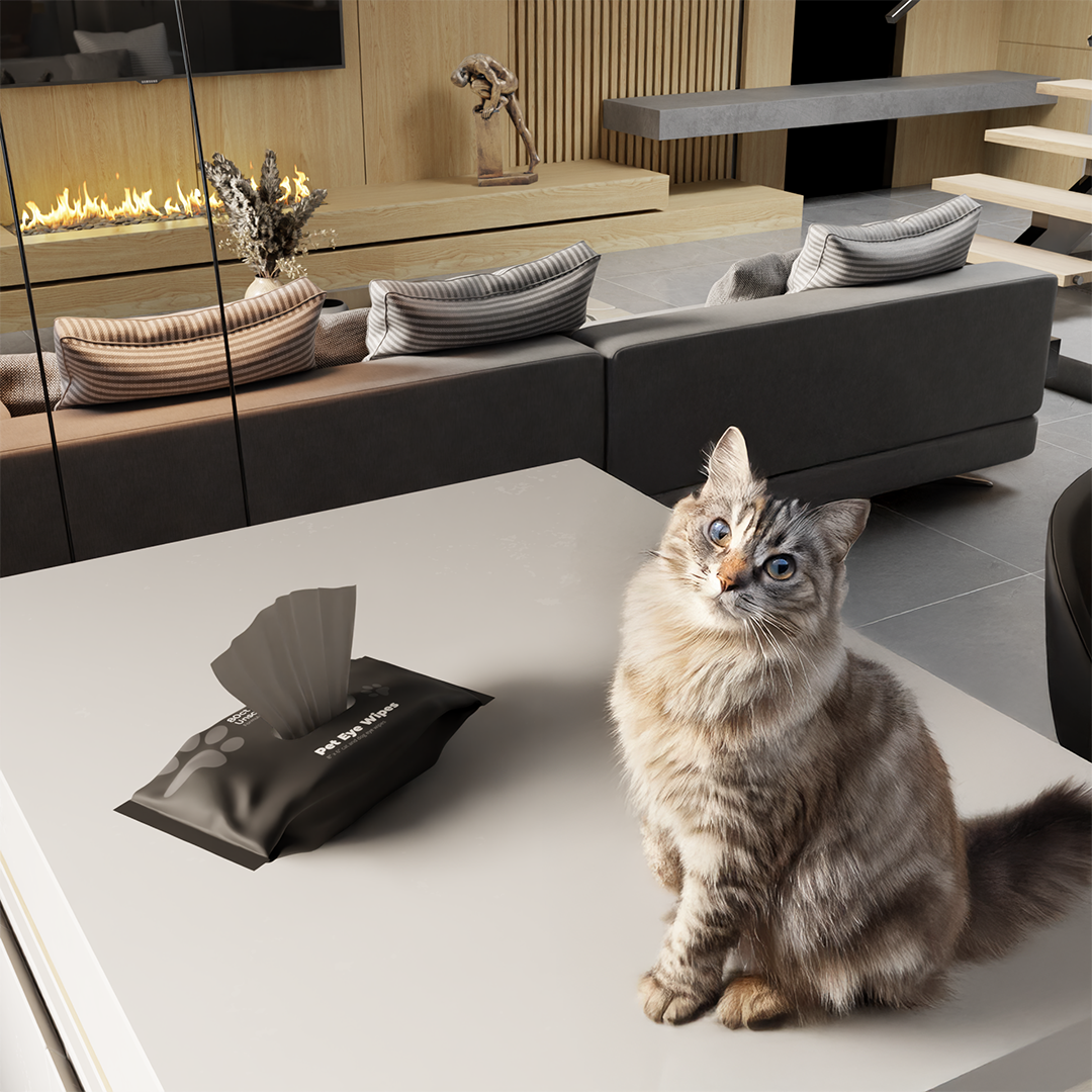 A cat sitting next to Penthouse Paws wipes.