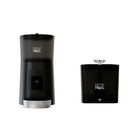 The smart pet feeder and water fountain bundle shown in stainless. 