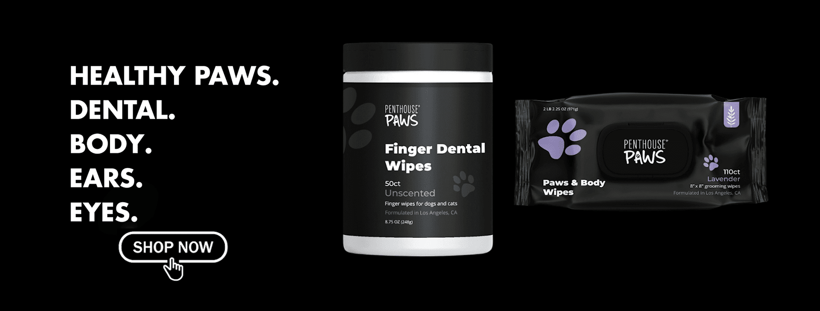 Lineup of pet wipes displayed in a row.