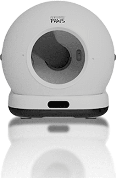 The white, circular Penthouse Paws pet litterbox.