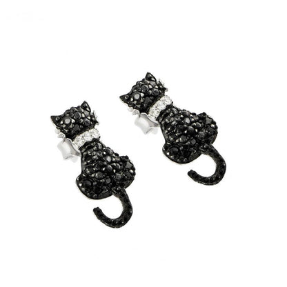 Pair of sterling silver Black Cat Stud Earrings featuring black and clear CZ stones.