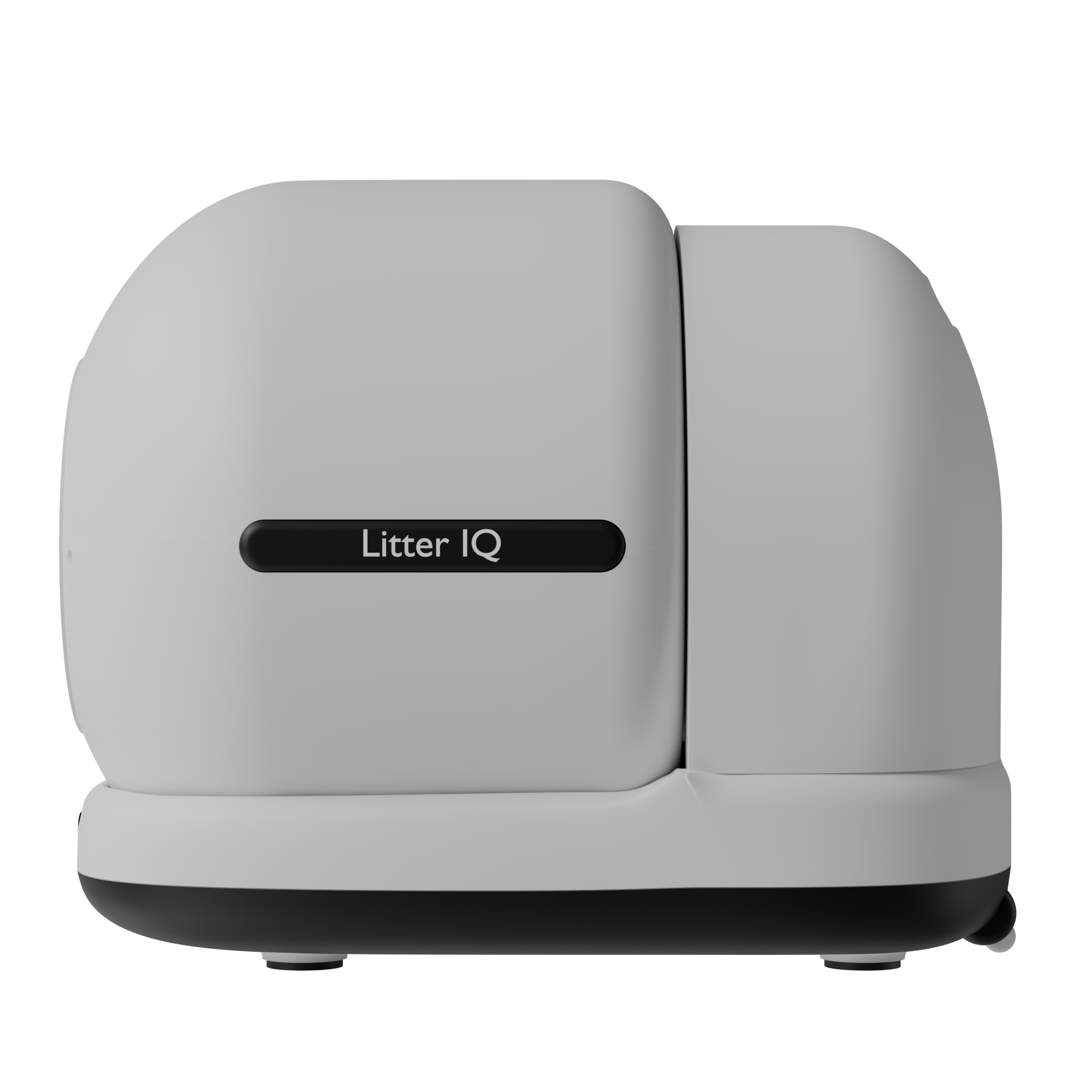 A sleek, white and grey self-cleaning litter box, the Penthouse Paws LitteriQ.