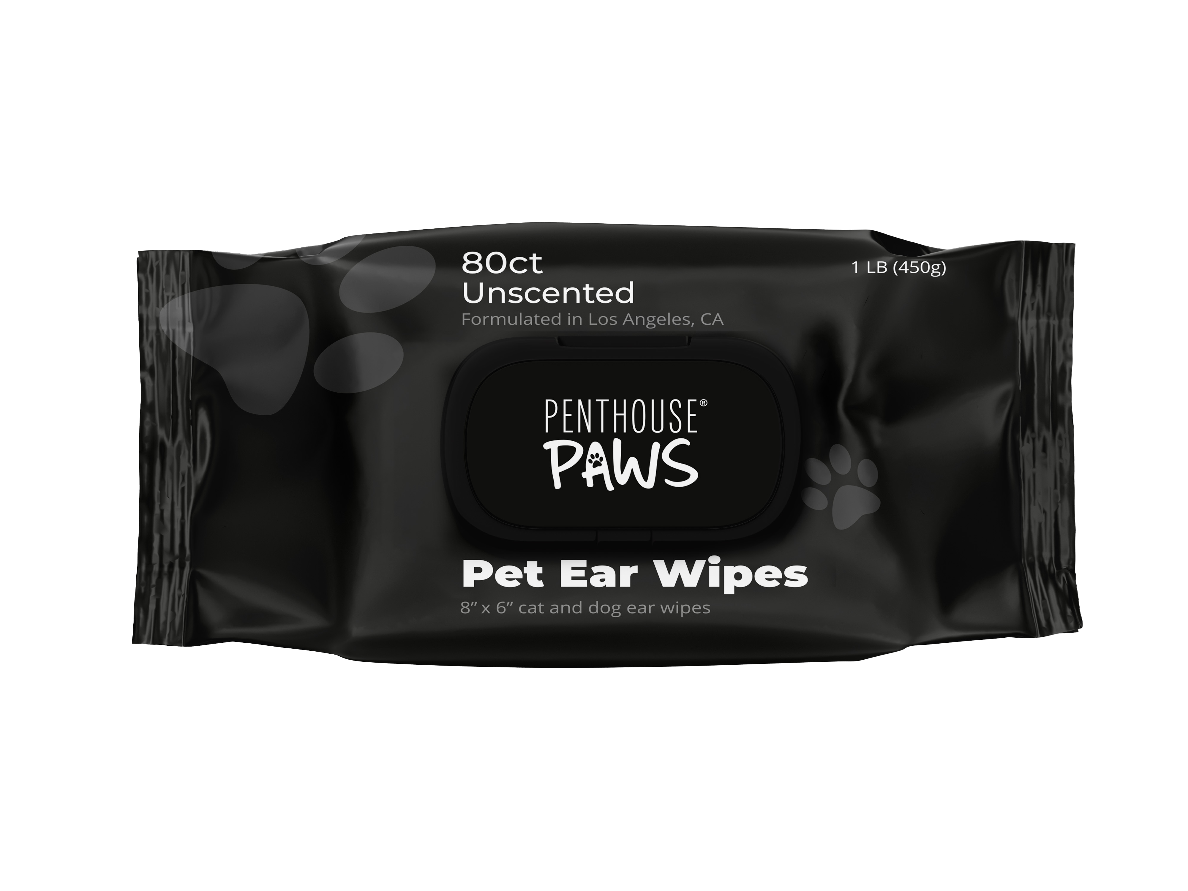 An 80-count, unscented pack of Penthouse Paws Pet Ear Wipes.