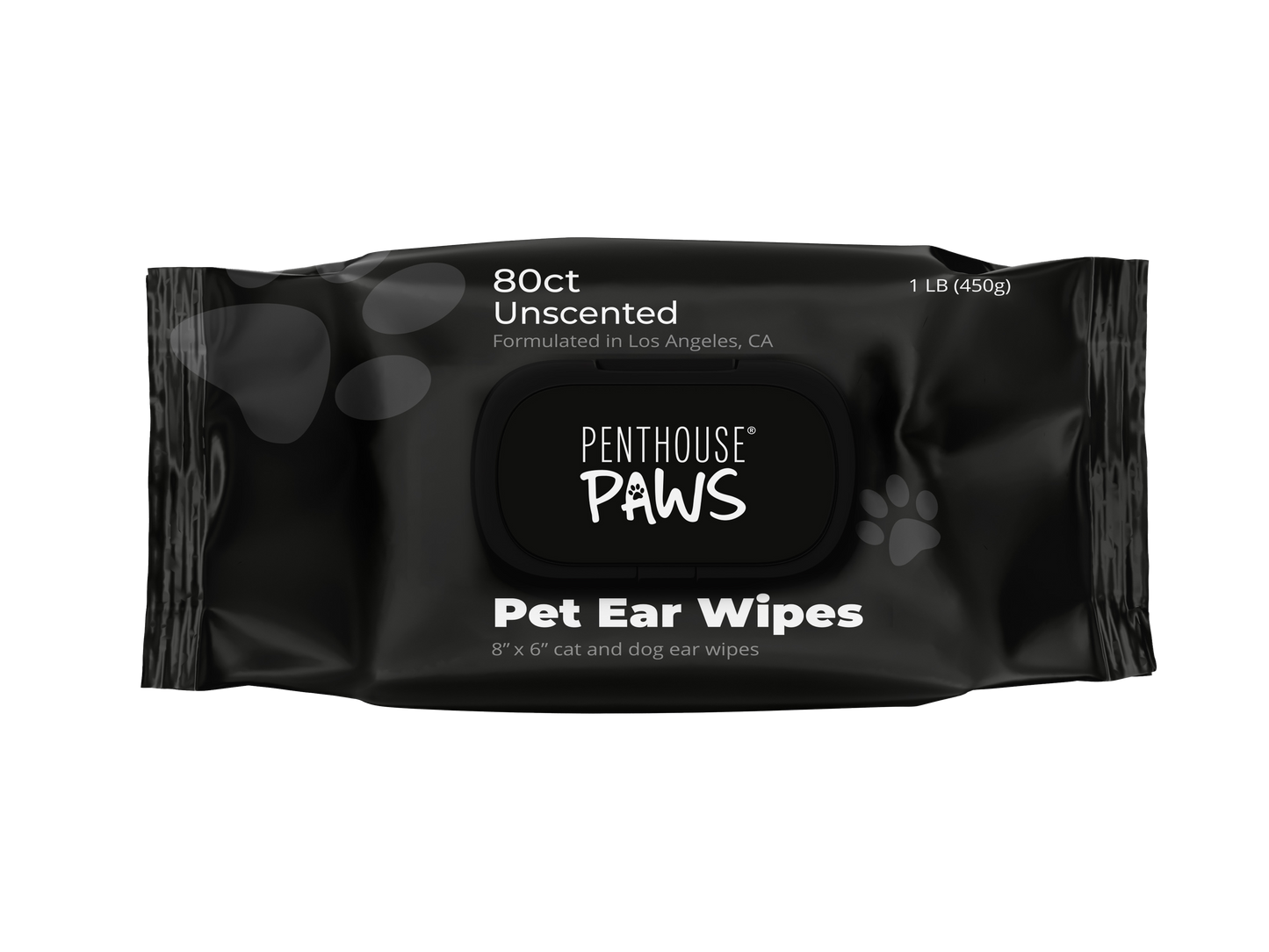 An 80-count, unscented pack of Penthouse Paws Pet Ear Wipes.