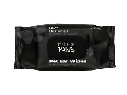 An 80-count, unscented pack of Penthouse Paws Pet Ear Wipes.