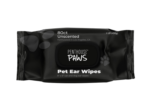 An 80-count, unscented pack of Penthouse Paws Pet Ear Wipes.