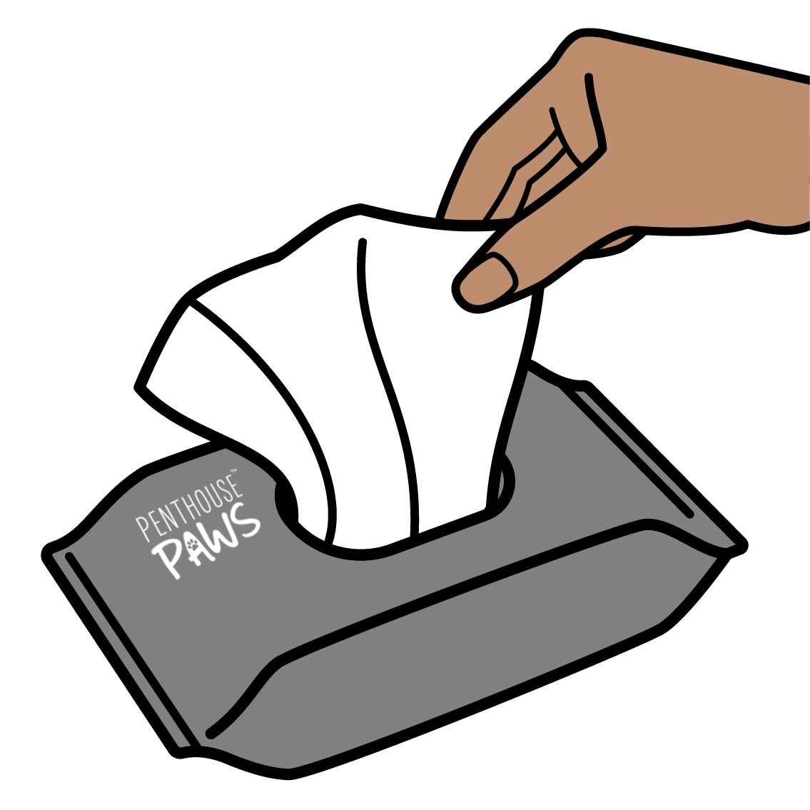 A cartoon hand reaching for Penthouse Paws pet wipes.