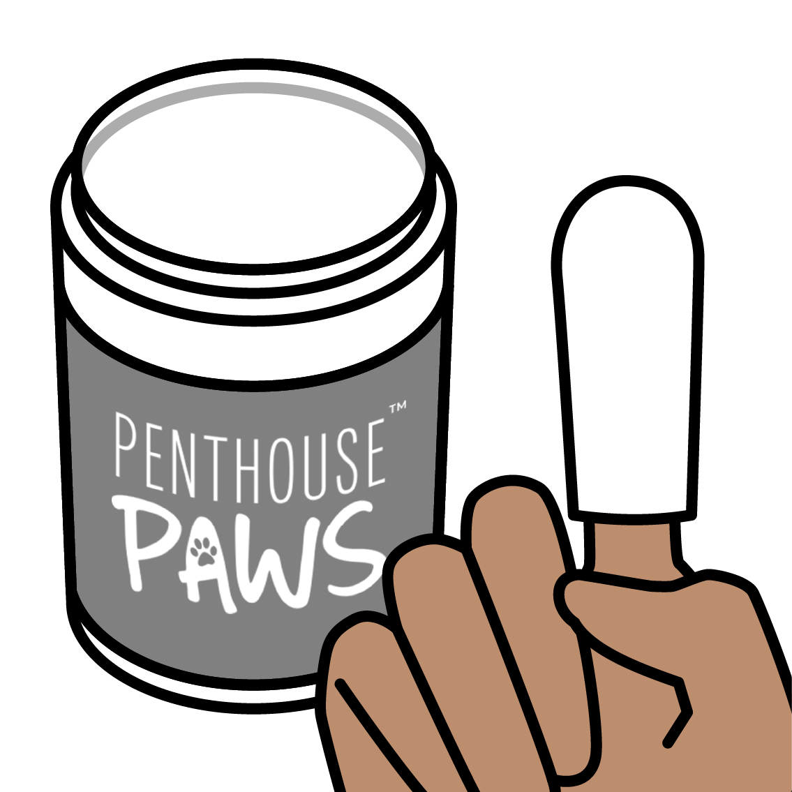 A cartoon hand holding a Penthouse Paws dental finger wipe.