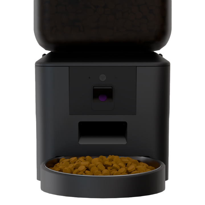 Penthouse Paws smart feeder with pet food in the bowl.