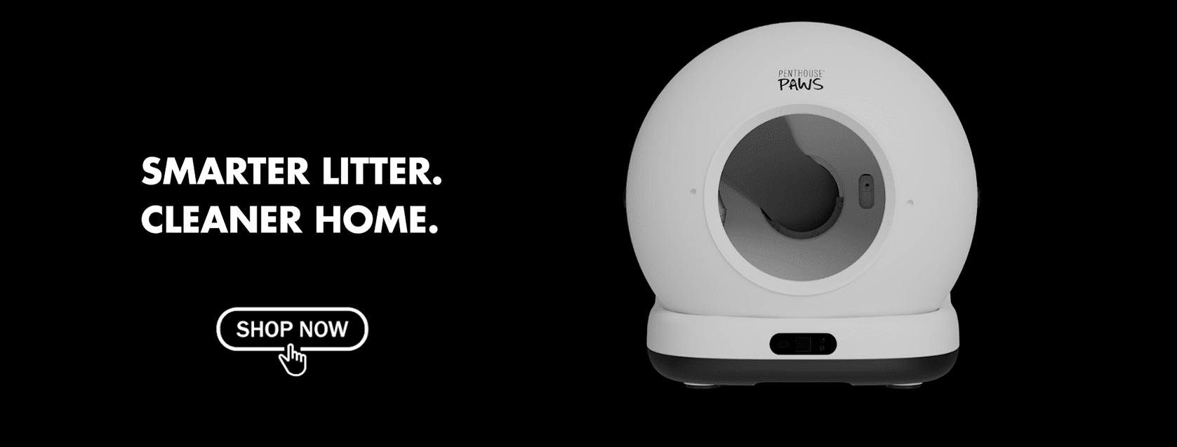 A round, white smart litter box shown next to the words "smarter litter, cleaner home."