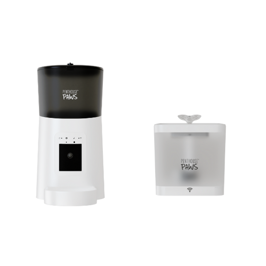 The smart pet feeder and water fountain bundle shown in white. 