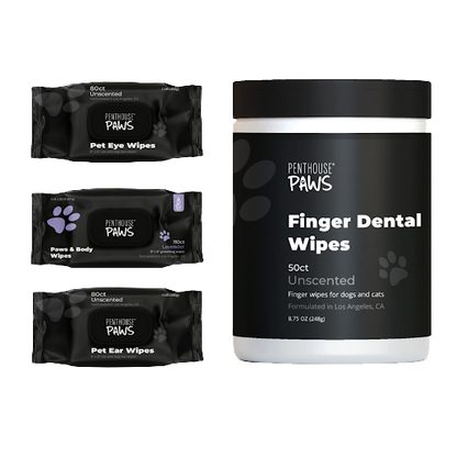 The Complete 4-in-1 Pet Grooming Wipes Kit, including packs of eye, body, and ear wipes, and a canister of finger dental wipes. 