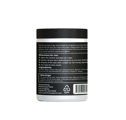 Directions, ingredients, and warnings list on the back of the Penthouse Paws Finger Dental Wipes canister.