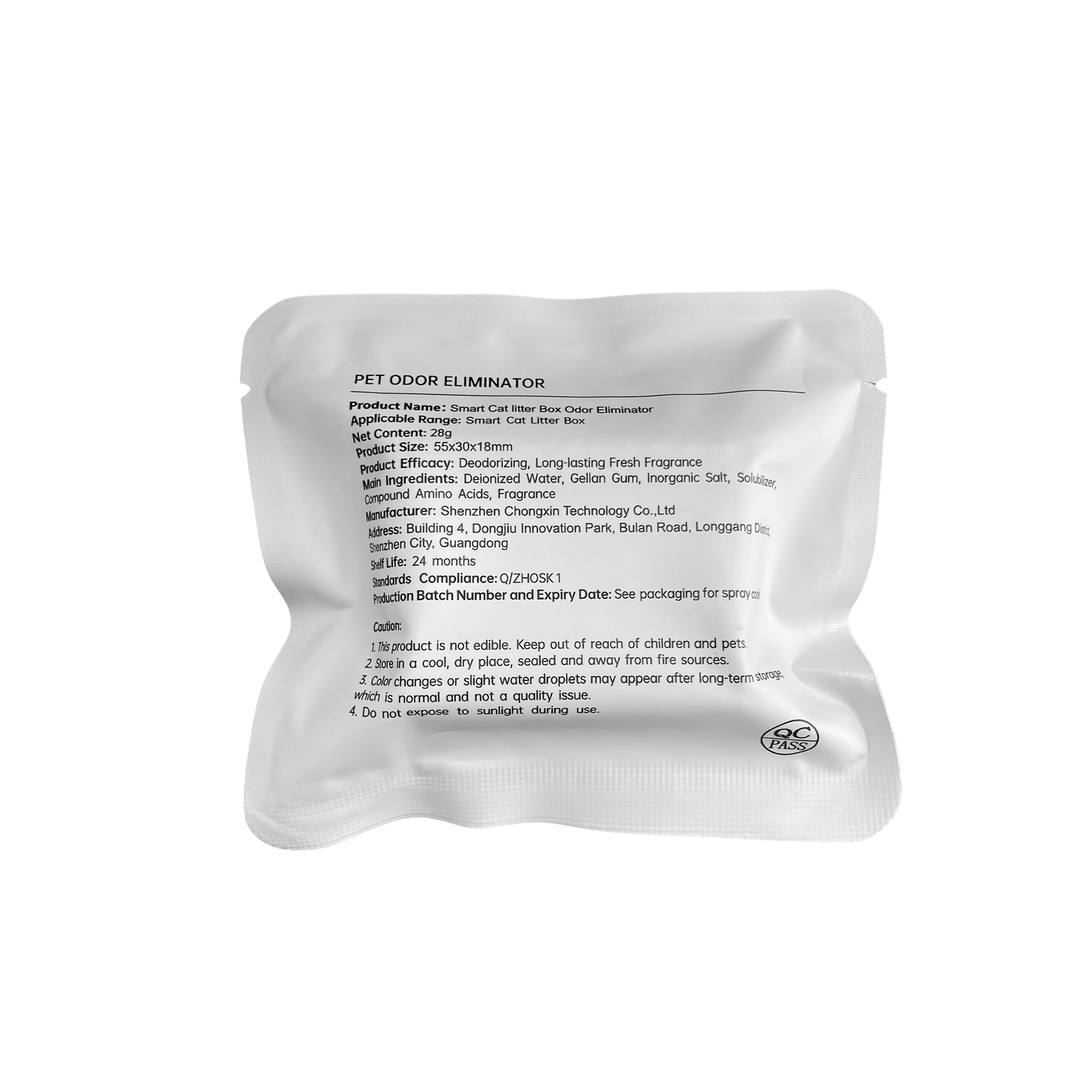 Back of an individually wrapped Litter IQ deodorizing tablet.