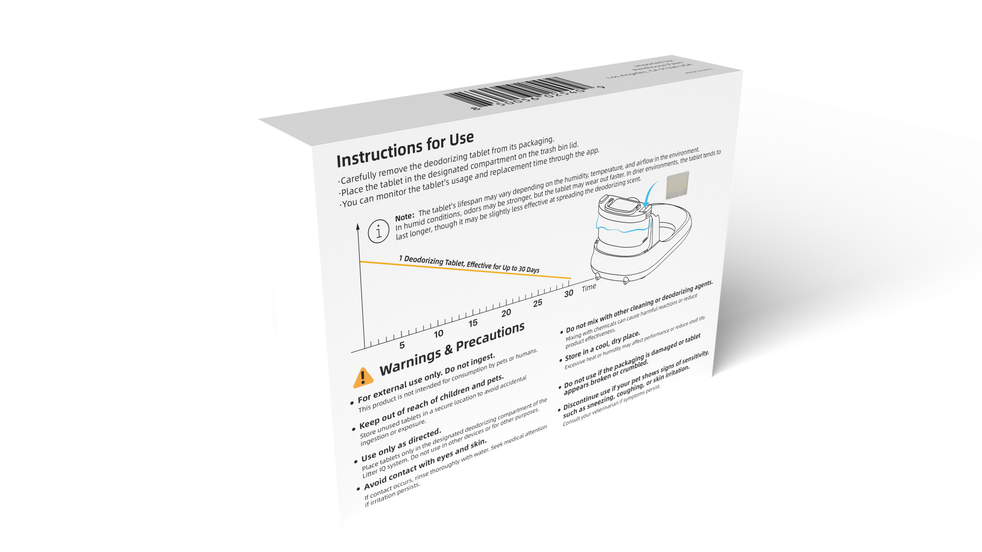 Directions and information on the side of the Litter IQ Deodorizer Tablets box.