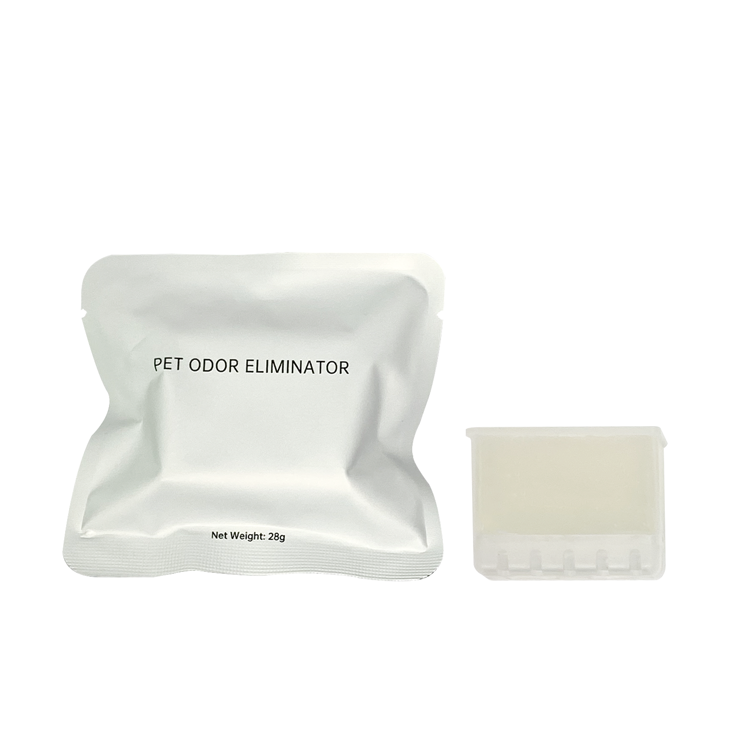 A single Litter IQ deodorizing tablet shown next to its individual wrapper.