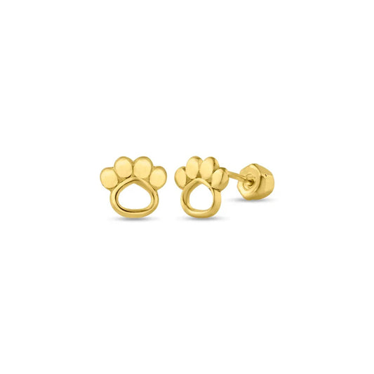 A pair of 14K gold paw print stud earrings, with one showing the secure screw back. 