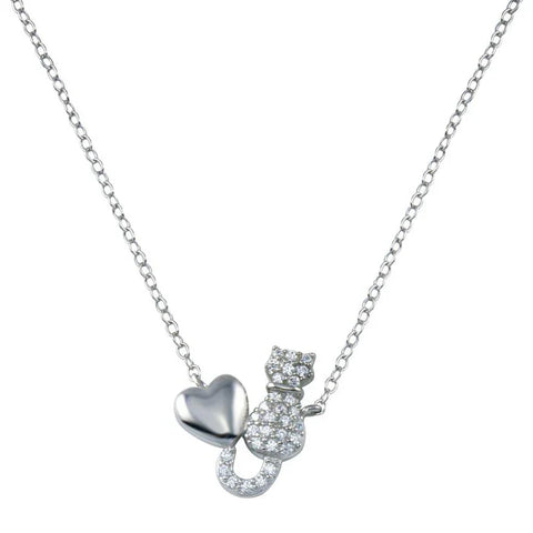 A sterling silver cat and heart necklace featuring a sparkling, cat-shaped pendant whose tail curls up beside a polished heart charm.
