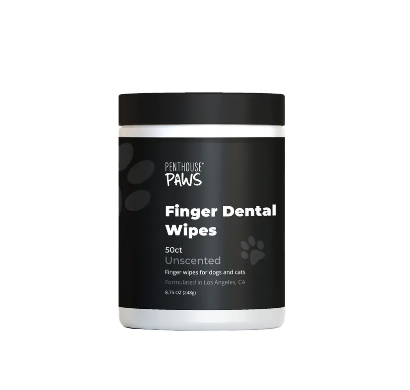 Canister of Penthouse Paws Finger Dental Wipes, 50 count, for dogs and cats.