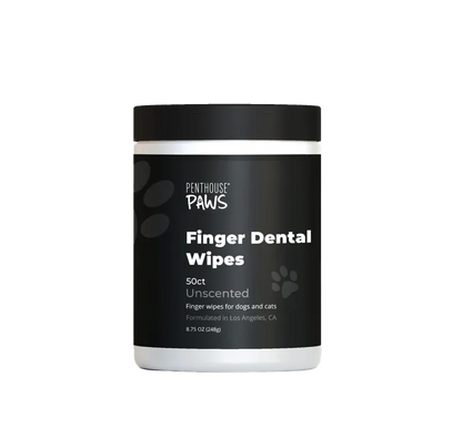 Canister of Penthouse Paws Finger Dental Wipes, 50 count, for dogs and cats.