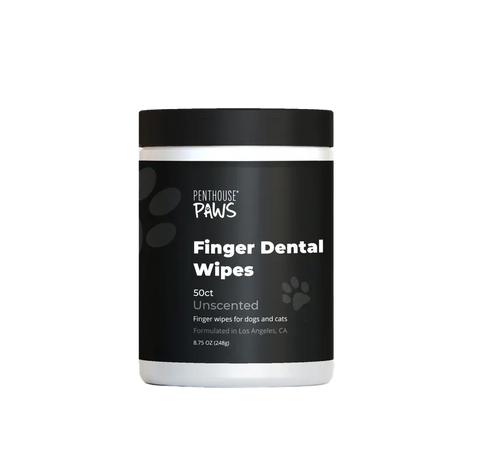 Canister of Penthouse Paws Finger Dental Wipes, 50 count, for dogs and cats.