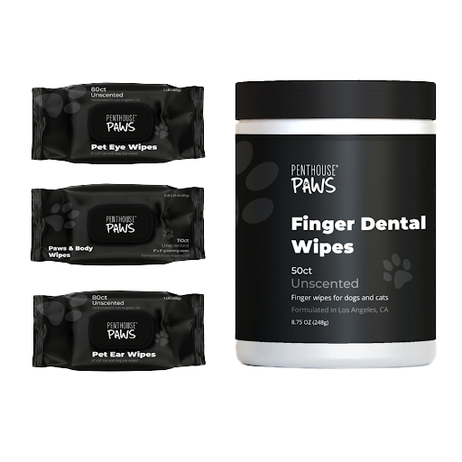 The Complete 4-in-1 Pet Grooming Wipes Kit, including packs of unscented eye, body, and ear wipes, and a canister of finger dental wipes. 