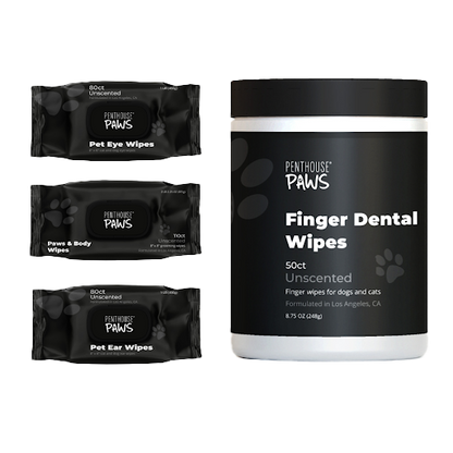 The Complete 4-in-1 Pet Grooming Wipes Kit, including packs of unscented eye, body, and ear wipes, and a canister of finger dental wipes. 